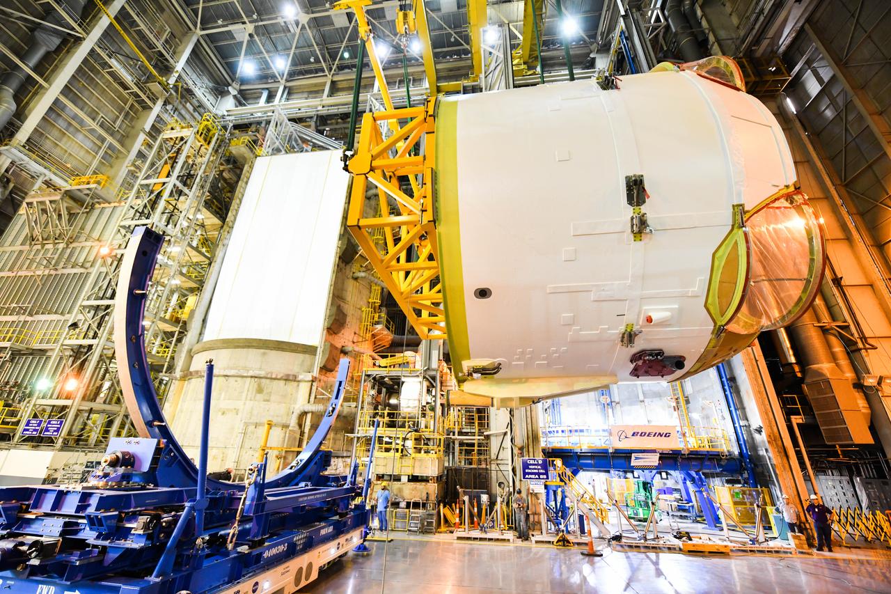 Technicians at NASA’s Michoud Assembly Facility in New Orleans rotated the engine section for NASA’s Space Launch System rocket from a vertical to horizontal position to prepare it for joining to the rest of the rocket’s core stage on Sept. 13. The engine section, which comprises the lowest portion of the 212-foot-tall stage, is the last major component to be horizontally integrated to the core stage. Michoud crews completed assembly on the flight hardware that will be used for Artemis I, the first lunar mission of SLS and NASA’s Orion spacecraft, on Aug. 29. The core stage’s two liquid propellant tanks and four RS-25 engines will produce more than 2 million pounds of thrust to send the SLS rocket and Orion on the Artemis lunar missions. The engine section houses the four RS-25 engines and includes vital systems for mounting, controlling and delivering fuel form the propellant tanks to the rocket’s engines.  Offering more payload mass, volume capability and energy to speed missions through space, the SLS rocket, along with NASA’s Gateway in lunar orbit and Orion, is part of NASA’s backbone for deep space exploration and the Artemis lunar program. No other rocket is capable of carrying astronauts in Orion around the Moon in a single mission.